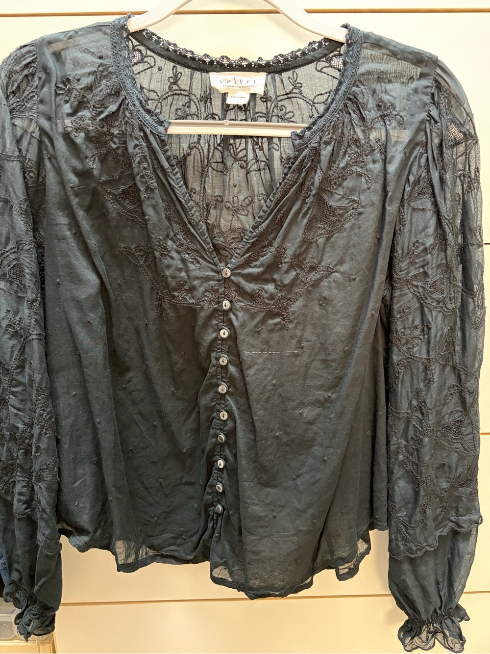 Velvet by Graham & Spencer Black Embroidered Button-Front Blouse